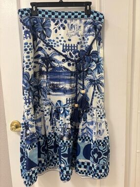 House of Harlow 1960 Linen Blend Blue and White Beach Print Maxi Skirt size L